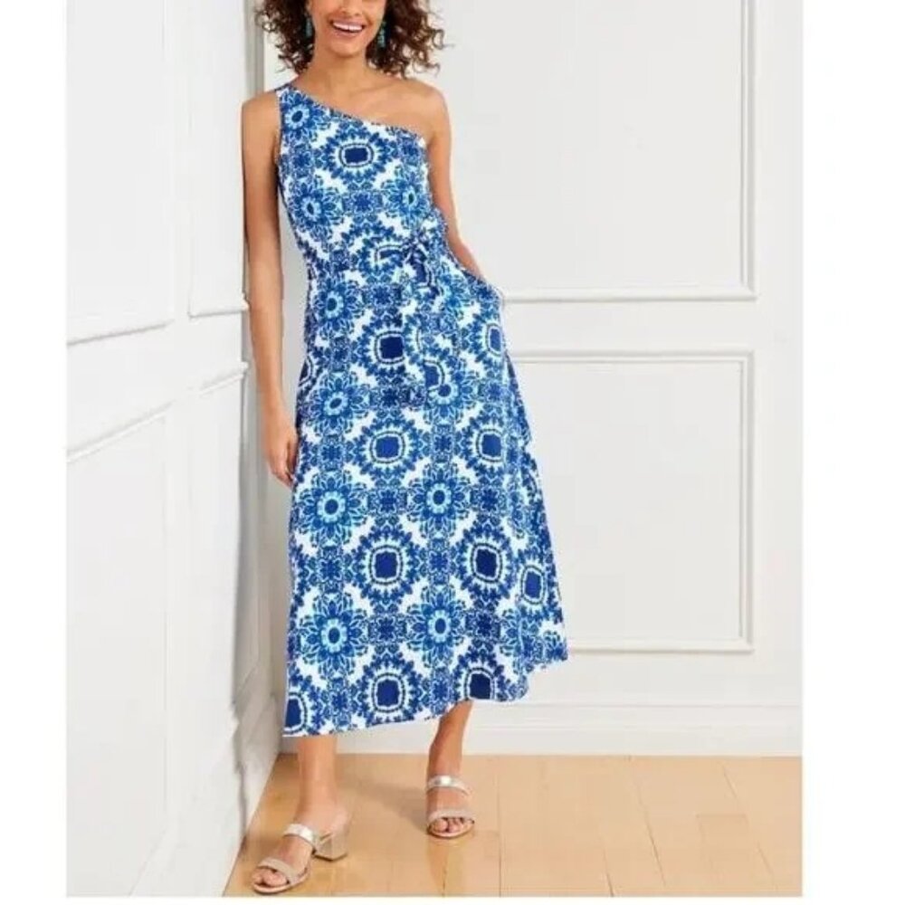 Talbots One-Shoulder Cotton Sateen Dress Blue White Shibori Medallions Sz. 8 NWT